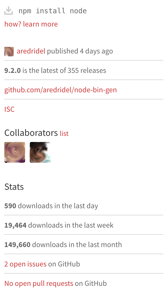 npmjs.com stats for module node